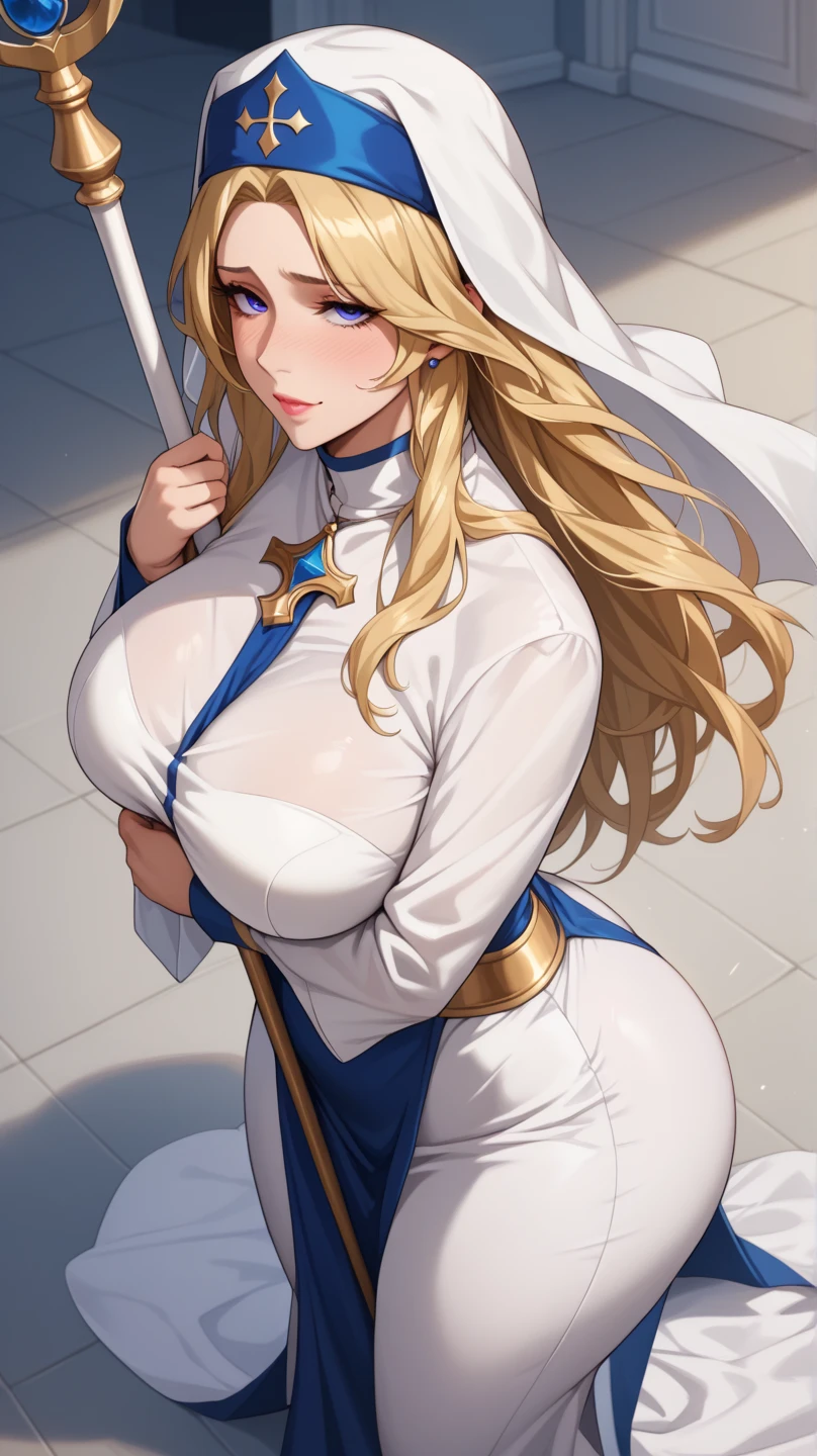 Highest quality, Soft Light, Ultra-high resolution,Attractive adult woman, alone, sexy, (A shy smile), (Blue eyes), Beautiful face in every detail,(High resolution detail of human skin texture), (Golden long hair), Nuns,Long coat,Long skirt,Lean forward and look at the viewer