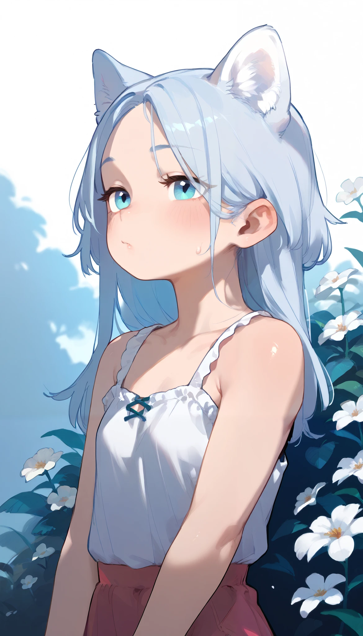 masterpiece, best quality, detailed background, cinematic lighting, nature, lens flare, bokeh, BREAK 1girl, solo, white dress, looking at viewer, ahoge, absurdly long hair, white hair, blue eyes, pale skin, flat chest, expressionless, bare shoulders