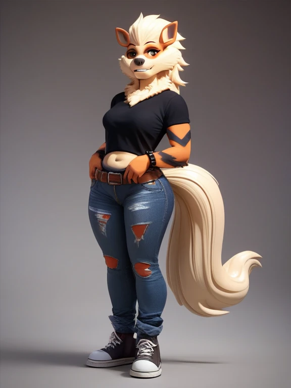 Anthropomorphic arcanine woman , punk, long beige horse ,  beige fur around her ankles and wrists ,  hourglass figure , wearing,  denim pants torn at hip height,  with fake pockets ,  with a brown belt , a black shirt,  with rips in the chest and stomach regions ,  and bracelets with spikes on her wrists, whiout shoes, full body