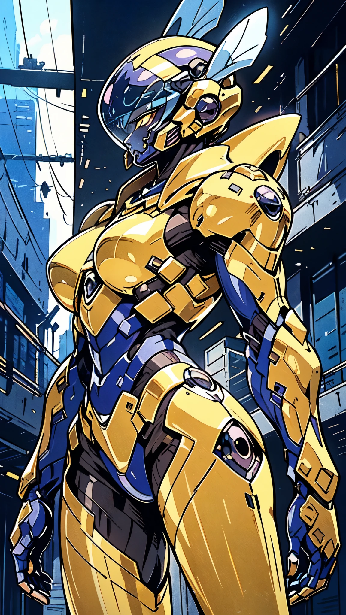 (masterpiece:1.5, best quality:1.5, extremely delicate:1.5), a woman wearing a full-face helmet, high-tech biomimetic armored combat suit, (a composite layered chest armor), the design balances heavy with agility, fully enclosed shoulder guards, matching arm and leg guards, a belt of gemstone, (the color scheme is primarily Purple with Blue and Yellow accents, Organic Biotech, Concept Inspired by queen bee, glowing eyes, armor glows), stand of a futuristic sci-fi city, this character embodies a finely crafted fantasy-style armored hero in anime style, exquisite and mature art style, metallic, high definition, highres, ultra-detailed, ultra-fine painting, professional, perfect body proportions, golden ratio, anatomically correct, symmetrical face, extremely detailed eyes and face, high quality eyes, creativity, RAW photo, UHD, 32k, Natural light, cinematic lighting, (masterpiece-anatomy-perfect:1.2)