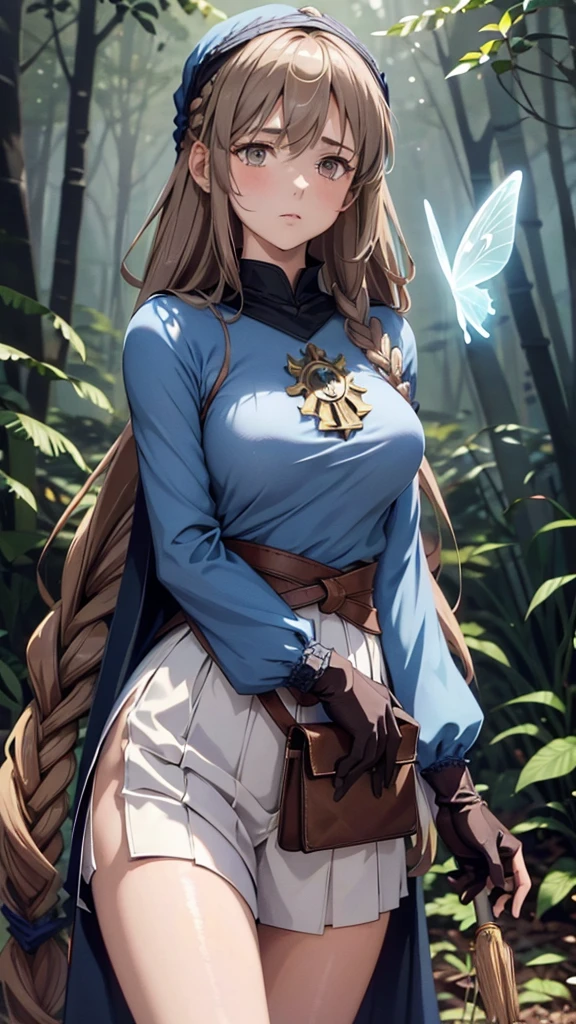 A stunning HD (High Definition) illustration of a brown-haired mage anime girl with long hair, with a braid on one side. She has brown eyes and wears a blue mage's veil on her head. She is dressed in a long-sleeve white medieval-style shirt, brown pants, and tall brown boots. She holds a mage's staff with a crystal at the tip, wearing brown gloves, and has a crossbody bag slung across her waist. The mage girl is in a forest, surrounded by ethereal, glowing red spiritual creatures shaped like butterflies, but translucent and ghostly. The atmosphere is mystical and the lighting is low, with the faint red glow of the creatures providing the only source of light. The forest background is detailed with shadows and faint moonlight. The girl’s expression is serious, and her medieval attire is finely detailed. The image should be in anime art style similar to Violet Evergarden, with smooth, polished visuals, highly detailed clothing, and well-proportioned features. The entire scene is in HD, with vibrant colors and realistic textures, creating a cinematic feel.



