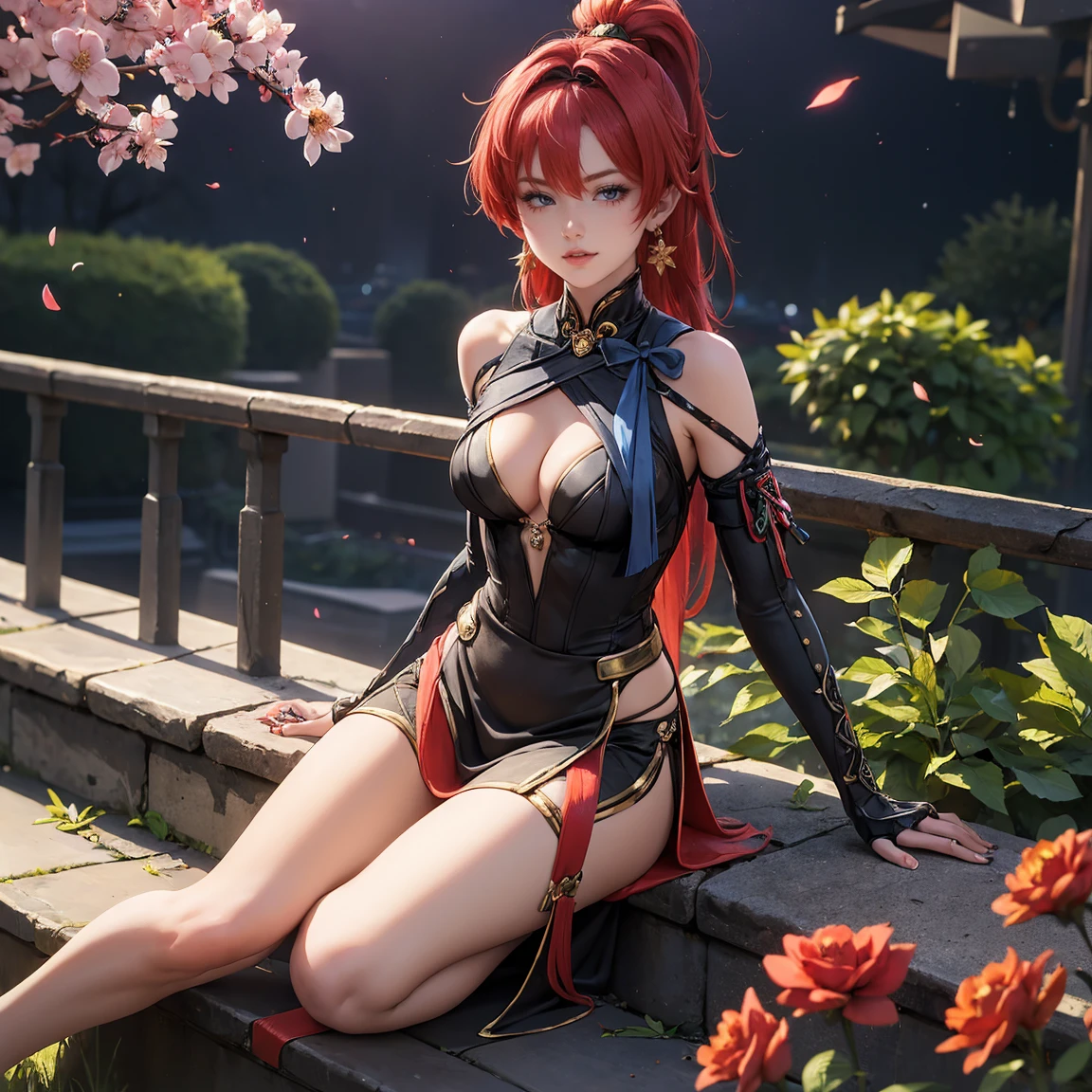 masterpiece, best quality, highres, 1girl, asymmetrical hair, (bandaged leg), (bandages), bangs, black gloves, blonde hair, butterfly choker, chest tattoo, choker, cleavage, collarbone, fingerless gloves, fish hair ornament, floating hair, flower tattoo, gloves, hair between eyes, hair ornament, high ponytail, kanzashi, medium breasts, medium hair, open mouth, orange eyes, pendant choker, red choker, (sarashi), sidelocks, single fingerless glove, single glove, smile, tassel, tattoo, teeth, thighs, upper teeth only, wristband, yoimiya (genshin impact), river, rock, waterfall, sitting, (undone sarashi:1.2), nude, hands on hips,