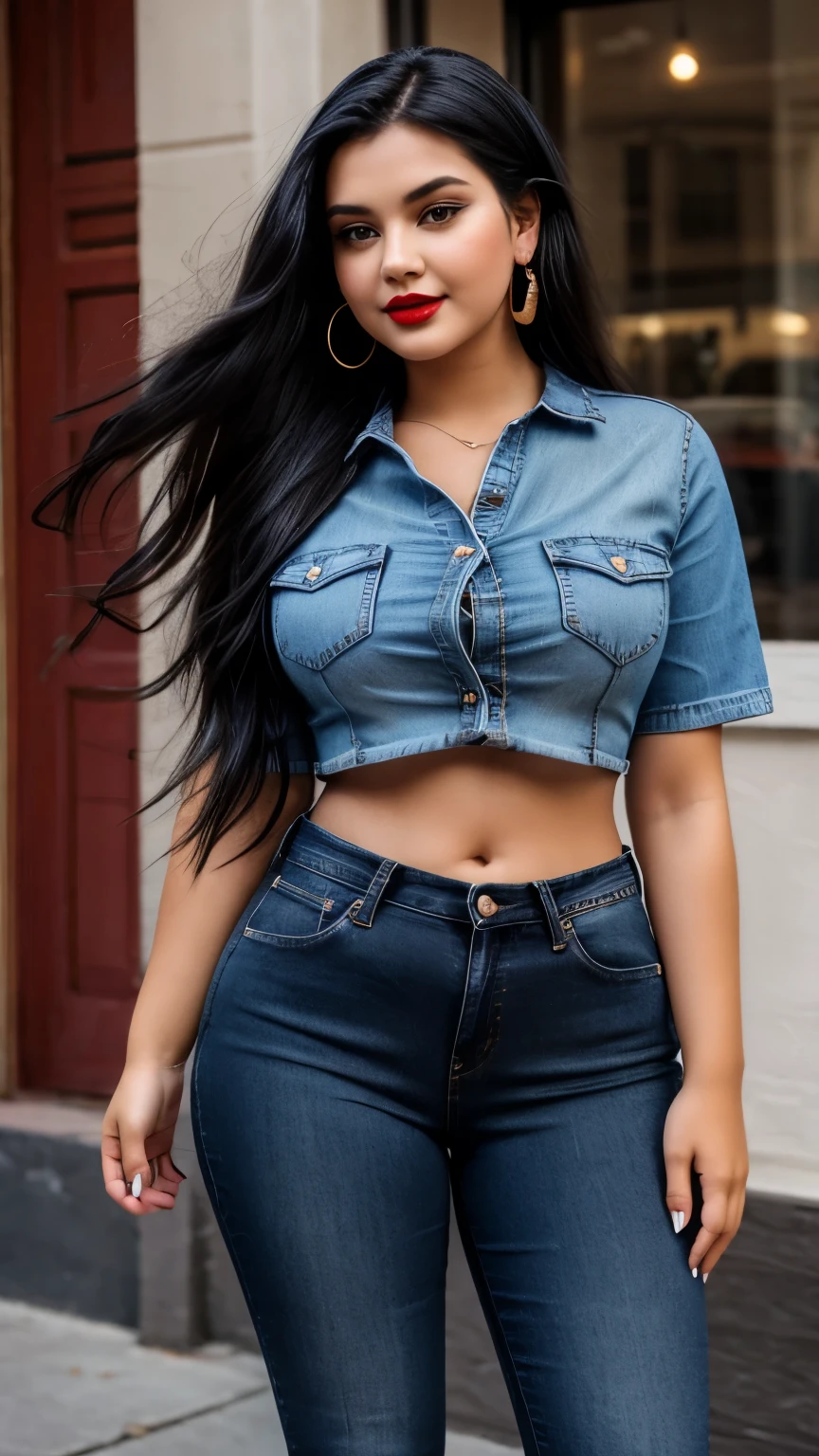 Beautiful girl, 20 years old, deep black hair, blue eyes, plaid denim shirt tied at the waist, tight jeans, Cowboy hat.  The most beautiful woman in the world, busty,big hips
