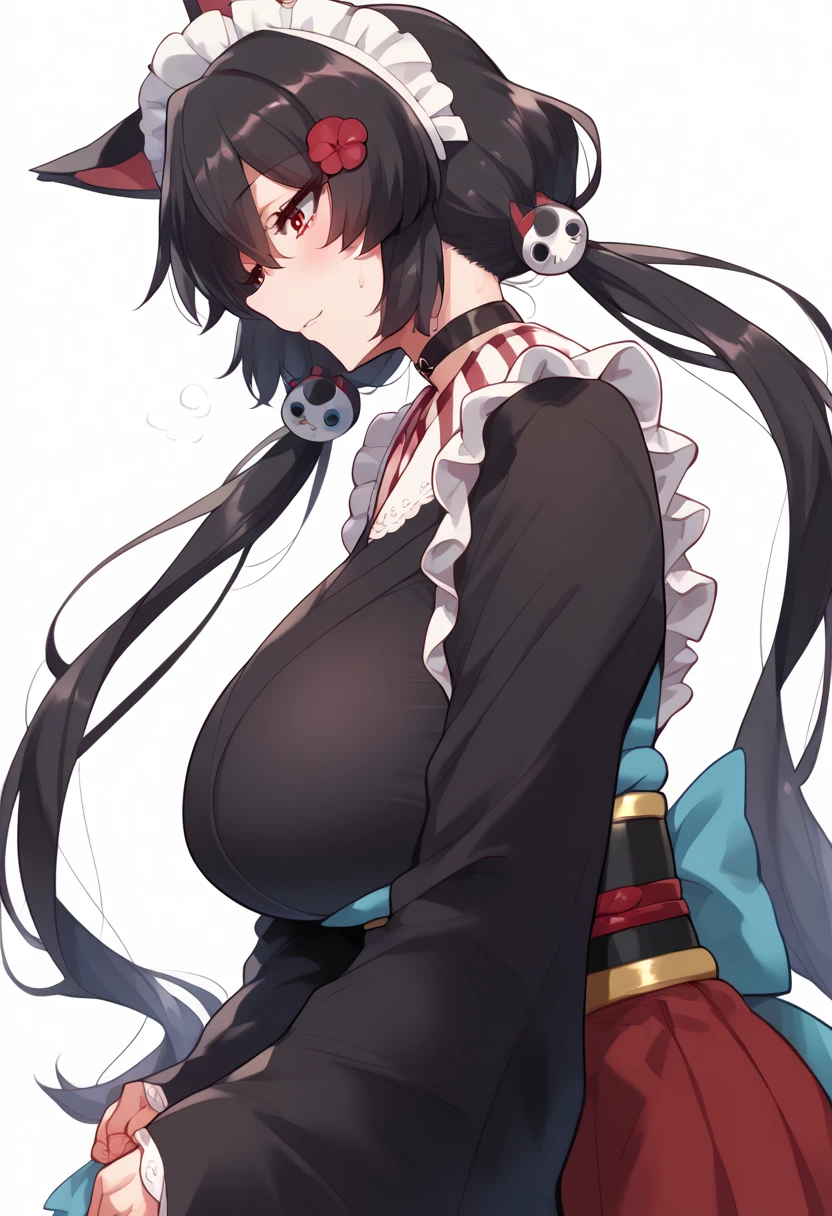 Hyper realistic, it1, flower, twintails, low twintails, very long hair, dog girl、立っている女の子、
choker, maid headdress, black kimono, wide sleeves, frills, obi, white apron, sleeves past wrists, skirt, red skirt, perfect face, perfect lighting,, sexy female, huge breasts, sweat, hanging breasts,、From the side
、後ろで手を組む