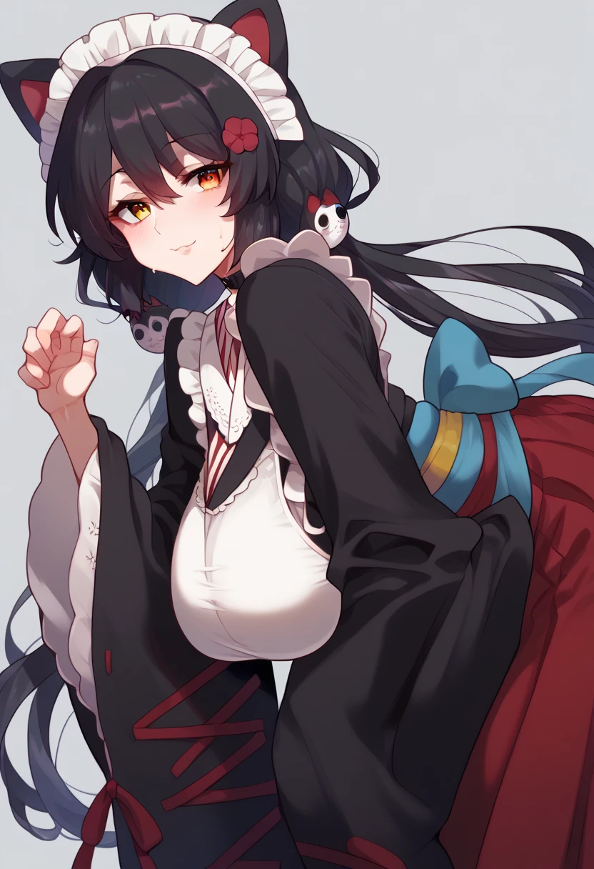 Hyper realistic, it1, flower, twintails, low twintails, very long hair, dog girl、立っている女の子、
choker, maid headdress, black kimono, wide sleeves, frills, obi, white apron, sleeves past wrists, skirt, red skirt, perfect face, perfect lighting,, sexy female, huge breasts, sweat, hanging breasts,、From the side
、後ろで手を組む