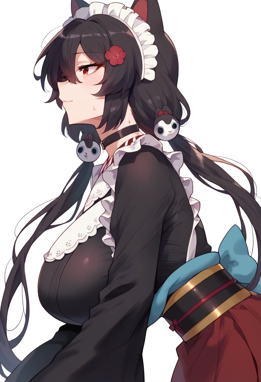 Hyper realistic, it1, flower, twintails, low twintails, very long hair, dog girl、立っている女の子、
choker, maid headdress, black kimono, wide sleeves, frills, obi, white apron, sleeves past wrists, skirt, red skirt, perfect face, perfect lighting,, sexy female, huge breasts, sweat, hanging breasts,、From the side
、後ろで手を組む