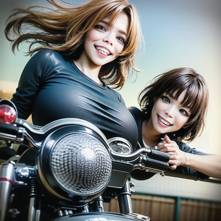 masterpiece,Best Quality,One girl,(((motorcycle))), is raising one hand、(frown:0.9),smile,speed,motion lines,helmet, 、Blonde、Big Breasts、  smiling face 