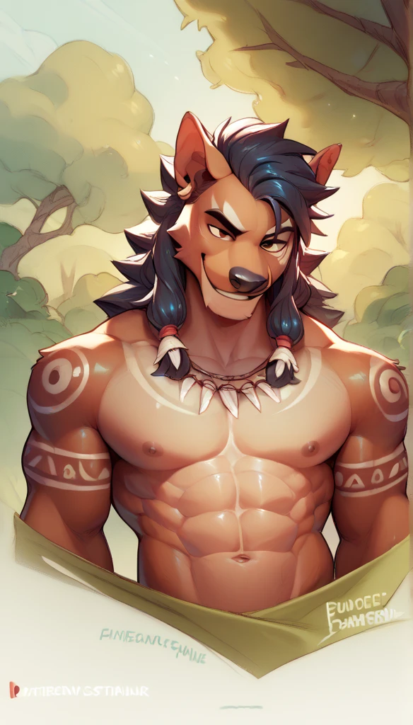 A puma,  in Mane ,  hairstyle using tribal accessories ,  piercing tribal , smile, smiling,  trees, tribal side , bottom,  abs on the body, youthful face,  half body shooting angle.