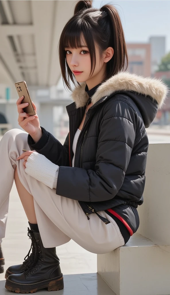  short cut 、 sitting in front of the station looking at her smartphone、 down jacket 、 tank top in front of urinal、Baggy pants、Slender woman with rough boots 、 smaller breasts、 cute、Beauty、masterpiece、 Max Image、 Photorealistic 、 RAW photos 、 Details、