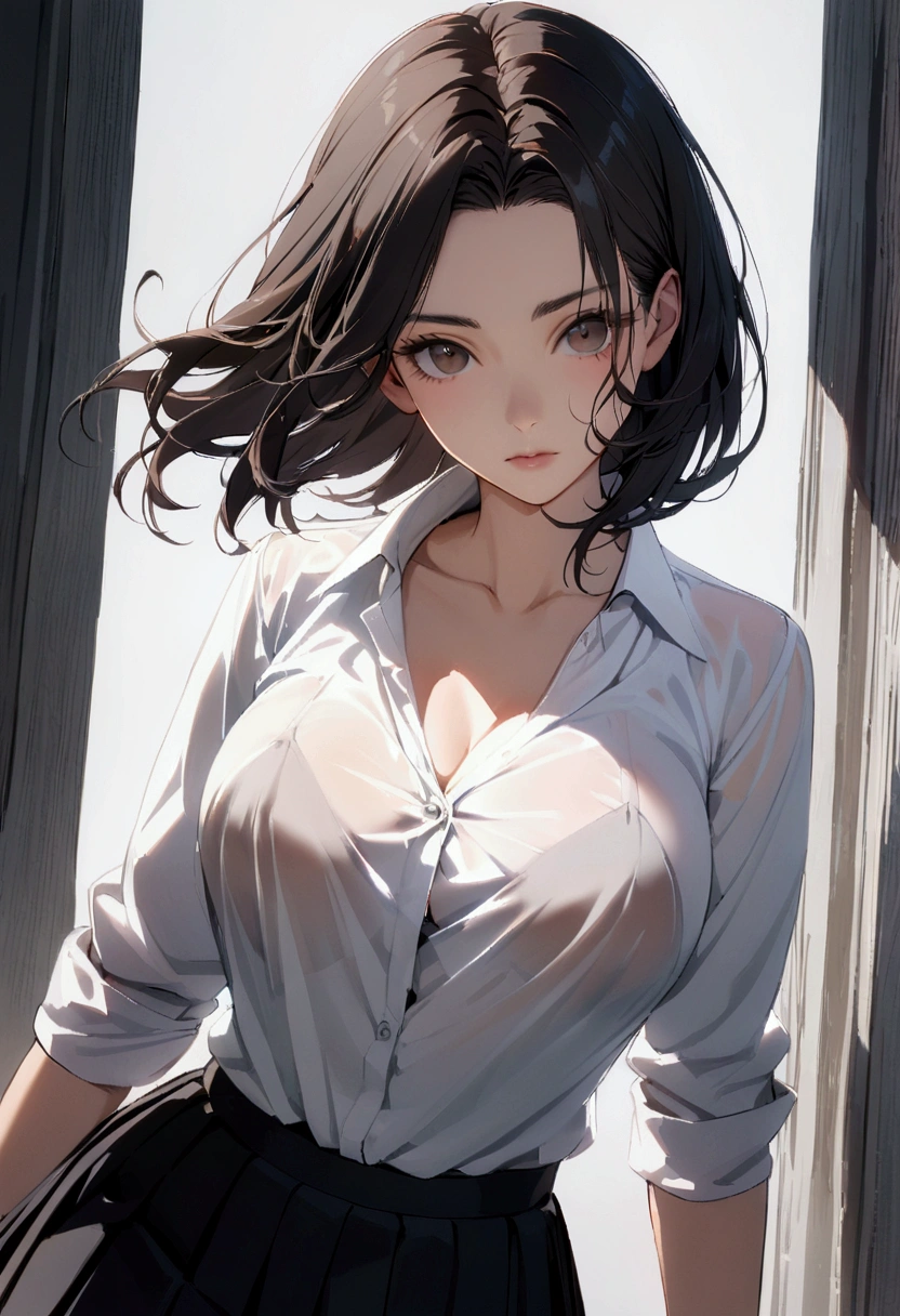 1girl,a beautiful fashion model ,(masterpiece, detailed background, best quality),short and shiny hair, black hair,smirk, lingerie, stripping, elegant makeup, exhibitionism, symbiote suit, extravagant makeup, slender body, soaked, wet skin dripping, white clothes, see through clothes, abs, toned body, blush