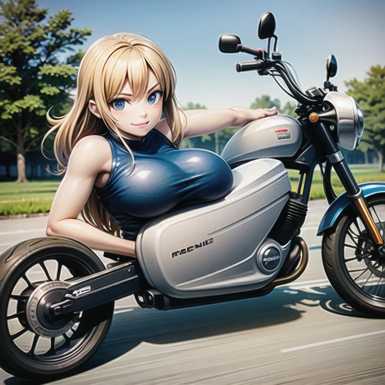 masterpiece,Best Quality,One girl,(((motorcycle))), is raising one hand、(frown:0.9),smile,speed,motion lines,helmet, 、Blonde、Big Breasts、  smiling face 