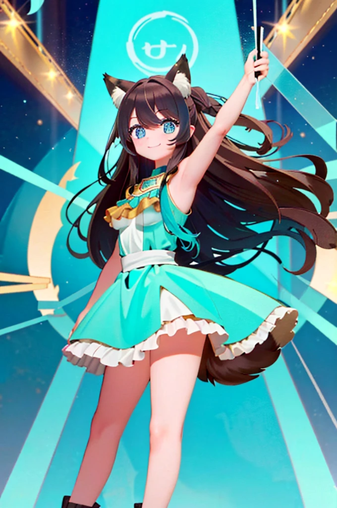   Robotic doll  ,   eyes with shiny logo  ,  white skin , robotic skin  , Metalica,  (animated)  a girl,  Fox ears , calm smile, Long brown hair, Star, turquoise blue eyes, Star pagupagil ( Girl with brown hair) (  short ears fox  ) (turquoise blue eyes) (  leg length hair  ) ( long brown hair with turquoise tips )   long brown hair with turquoise tips   :   Long hair up to the toes Turquoise colored tips turquoise hair extension, largo hair,  Fox ears  ( Girl with brown hair with turquoise tipags) ( Fox ears ) (turquoise blue eyes) (  Hair down to the legs  ) (look: touch) ( Big breasts) ( long brown hair with turquoise tips )   long brown hair with turquoise tips   :   Blue dyed tips up to the tips of the feet Turquoise blue hair extension   , largo hair,  Fox ears , {{ Fox ears }},  brown  Fox ears  and tail  , fox animal ears,  traje de Trapeze artist blanco de circus, character style : Trapeze artist, costume style: Trapeze artist sexy, mounted on a trapeze, bottom: circus, Rise in the air on a trapeze