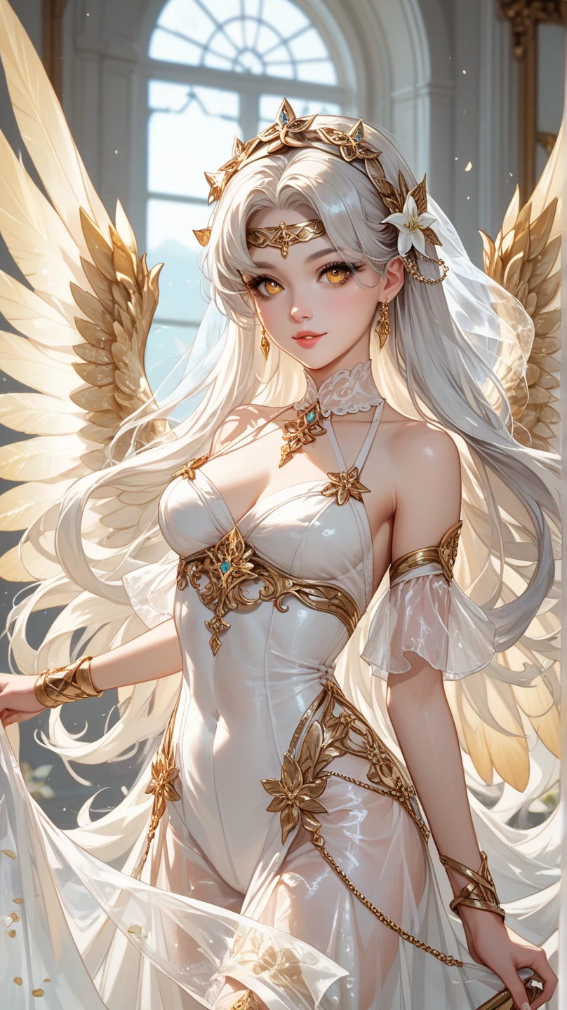 ((masterpiece, best quality)), ((ultra-detailed and intricately illustrated)), An ethereal angel, solo, her young and beautiful form adorned with feathery wings, arms up in a triumphant pose, bathed in the soft, golden light of the sun. Her delicate and expressive eyes shimmer with an inner glow, as if they are absorbing the very essence of the sunlight. Floating gracefully above the ground, she looks down at the viewer with a warm and inviting smile, her halo radiating holy light that resembles silver stars imploding. Dynamic angle and floating perspective add to the surreal and captivating beauty of this ultra-detailed and stunning
