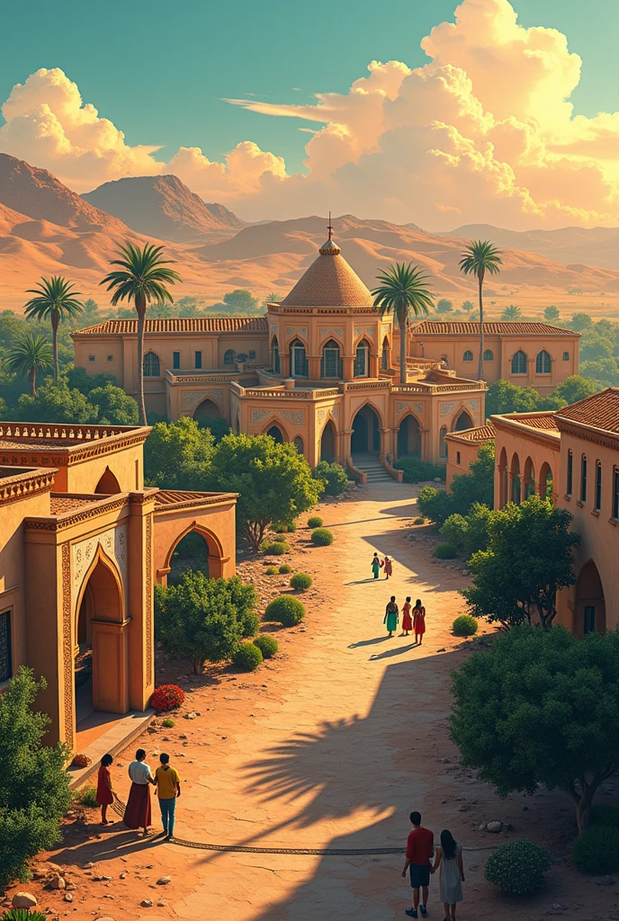 photograph of tk_env ancient environment style, Persian city, with people walking in it, in ancient persia, with palm trees in the city, and flowers everywhere, award winning image, highly detailed