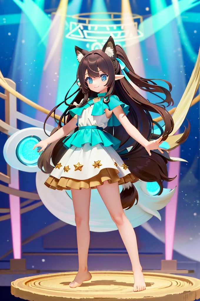   Robotic doll  ,   eyes with shiny logo  ,  white skin , robotic skin  , Metalica,  (animated)  a girl,  Fox ears , calm smile, Long brown hair, Star, turquoise blue eyes, Star pagupagil ( Girl with brown hair) (  short ears fox  ) (turquoise blue eyes) (  leg length hair  ) ( long brown hair with turquoise tips )   long brown hair with turquoise tips   :   Long hair up to the toes Turquoise colored tips turquoise hair extension, largo hair,  Fox ears  ( Girl with brown hair with turquoise tipags) ( Fox ears ) (turquoise blue eyes) (  Hair down to the legs  ) (look: touch) ( Big breasts) ( long brown hair with turquoise tips )   long brown hair with turquoise tips   :   Blue dyed tips up to the tips of the feet Turquoise blue hair extension   , largo hair,  Fox ears , {{ Fox ears }},  brown  Fox ears  and tail  , fox animal ears,  traje de Trapeze artist blanco de circus, character style : Trapeze artist, costume style: Trapeze artist sexy, mounted on a trapeze, bottom: circus, Rise in the air on a trapeze