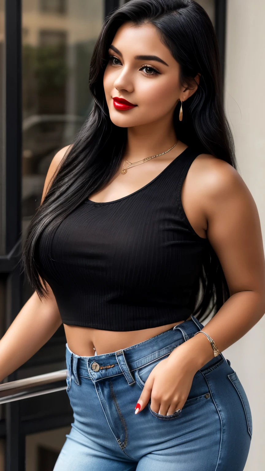 (Master piece), 1girl, long black hair, black eyes, glow eyes, unkind face, very detail face, Wearing a black plaid shirt inside a white tank top, blue short jeans shredded, white shoes, left ear earring, ring tatoo, full body, sit at cafe, 4k, 8k, ultra detail.
