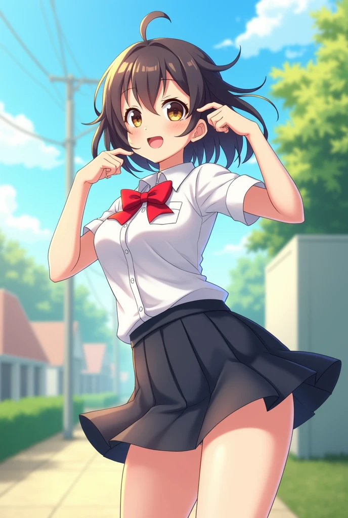 inazuma (KanColle)Default(super flat, flat shading), 1 girl, I'm 11 years old,baby face,small sweater,(naked),very short stature,very thin limbs,strong sunlight,positive,small,Petya pie、Precise and detailed reproduction of the ultra-slim thigh skirt,fine and clean cracks,small ,school playground,smile,(Always accurate, Detailed and clean fingers:1.3),blush very much,summer vacation,bright,bright色, anime style picture, ghibli style,good,panties,skirt lift,,((NSFW))
