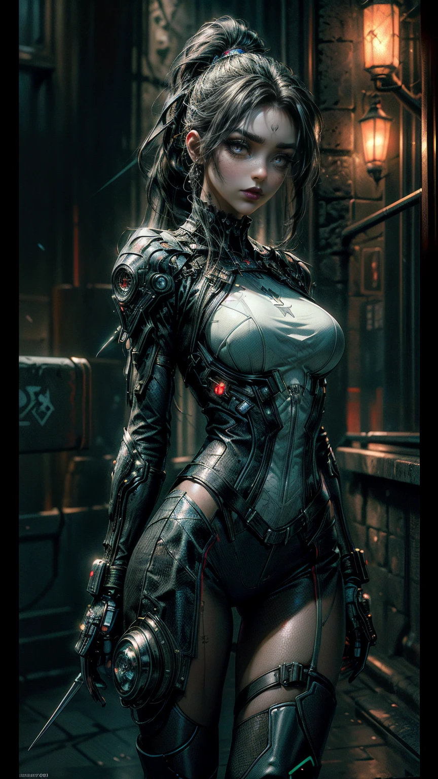 (((master part))), Hihgres, NicoRobin, 1girl, sozinho, cabelos longos, Olhando para o Viewer, sorrir, olhos azuis, seios grandes, cyber girl, cybernatic, metade do corpo ciborgue, arm prosthesis, leg prosthesis, umbigo, clivagem, cabelos muito longos, boca fechada, 鎖骨, corpo inteiro, mangas curtas, diafragma, salto alto, topo de corte, sun glasses, railing, slicked back hair, parcialmente descompactado, hands on side,