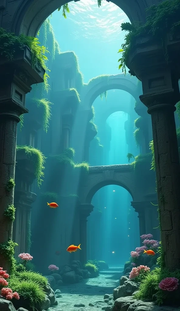 a highly detailed underwater ancient ruined city, old crumbling buildings, submerged in clear blue water, swaying seaweed, schools of fish swimming through the ruins, beautiful coral and aquatic plants, rays of sunlight beaming through the water, dramatic lighting, photorealistic, 8k, (best quality,4k,8k,highres,masterpiece:1.2),ultra-detailed,(realistic,photorealistic,photo-realistic:1.37),cinematic,dramatic lighting,intricate details,stunning colors,vibrant blue water,volumetric lighting,glowing bioluminescent plants,detailed aquatic life