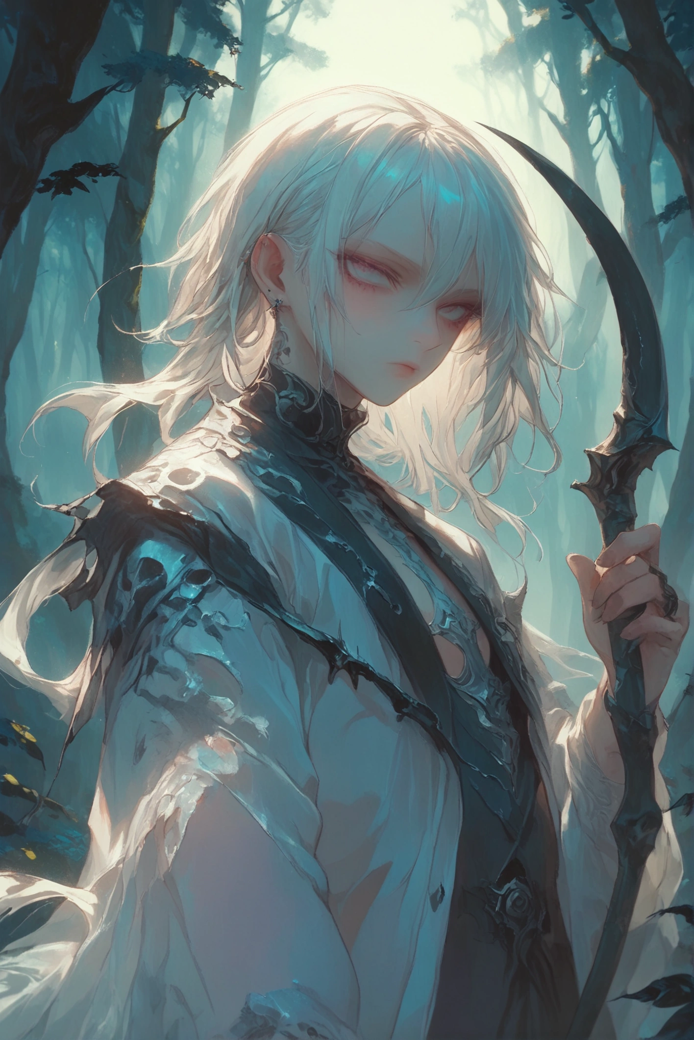 1boy,ethereal background, look at me, white hair, black jacket, red inner shirt, tattoo, portrait, dark art, dark fantasy, kawaii anime, masterpiece, ultra detailed,best quality, high quality,4k,8k,hdr,raw, he has gigantic sickle , in forest,