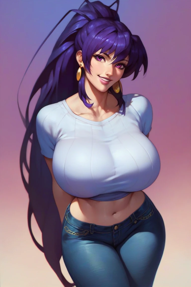 akenohimejimaSDXL,Akeno Himejima,Purple eyes, earrings, painted lips, smiling face, wide hips, huge natural breasts, black jeans,