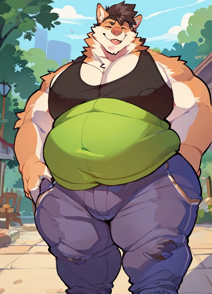 solo, male, 1 boy, fat, obese, rolls, thick thighs, massive thighs, big belly, rounded belly, massive belly, love handles, big pecs, rounded pecs, bulging pecs, massive pecs, big biceps, very extremely thick, plump, chubby, anthro, furry, hog, short hair, eyes shut, blep, smug expression, tank top(whote), pants, by bigcozyorca, by Takemoto Arash, shading, good proportions, best quality, good quality, no background, standing