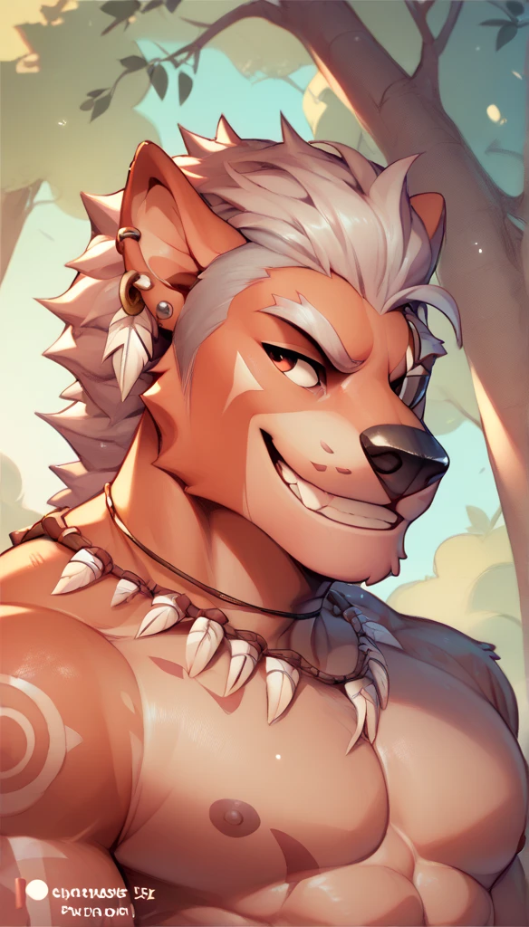 A puma,  in Mane ,  hairstyle using tribal accessories ,  piercing tribal , smile, smiling,  trees, tribal side , bottom,  abs on the body, youthful face,  half body shooting angle.