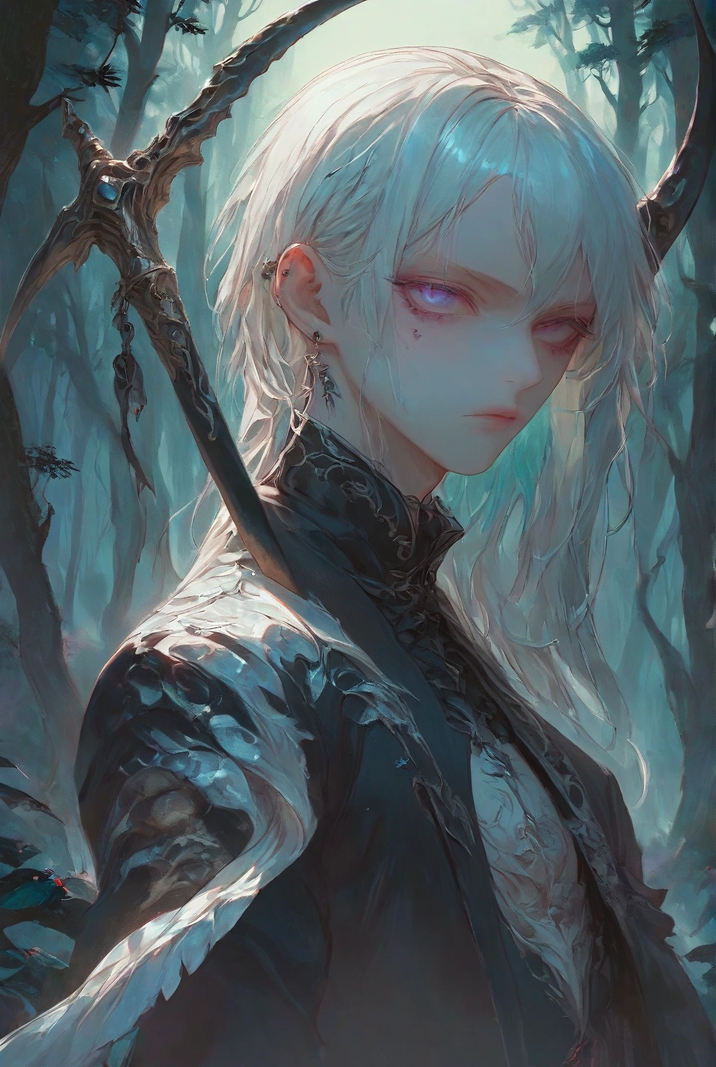 1boy,ethereal background, look at me, white hair, black jacket, red inner shirt, tattoo, portrait, dark art, dark fantasy, kawaii anime, masterpiece, ultra detailed,best quality, high quality,4k,8k,hdr,raw, he has gigantic sickle , in forest,