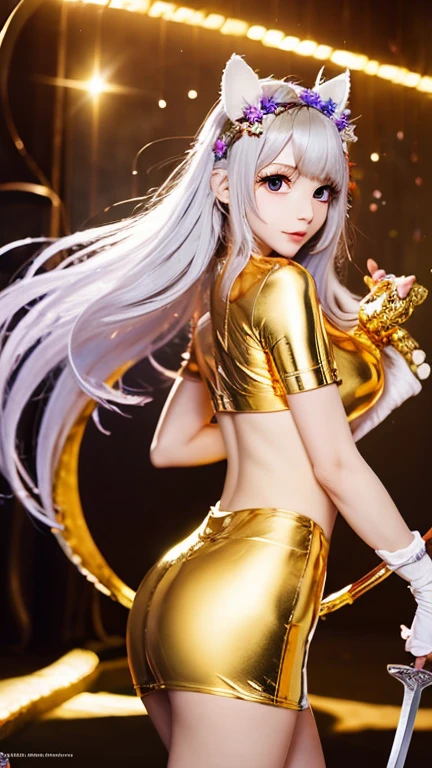 8k⒉5D Real Anime Cute Girl Style Long flowing platinum hair, golden eyes, two clusters of lily-decorated headband, white, transparent silk, two wings of gold on the back of a large bird of prey, two large, bony swords on the left and right hands, highlighting her golden body