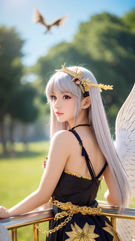 8k⒉5D Real Anime Cute Girl Style Long flowing platinum hair, golden eyes, two clusters of lily-decorated headband, white, transparent silk, two wings of gold on the back of a large bird of prey, two large, bony swords on the left and right hands, highlighting her golden body