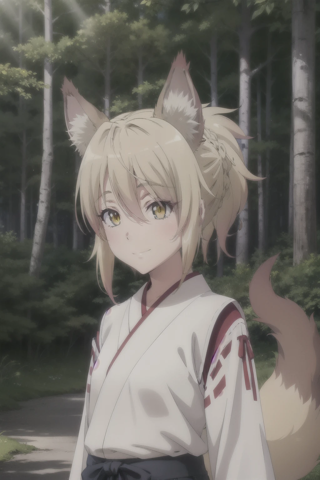  a beautiful anime fox girl wearing tight blue jeans,  detailed face and expression , detailed eyes and eyelashes ,  detailed skin texture ,  detailed folds of clothing , detailed environment , outdoors, forest background, Sunlight,  cinematographic lighting ,  very detailed,  photorealistic , 8K,  masterpiece   masterpiece ,  Best Quality , 1 girl, feel, blonde hair,  short hair, collect,  yellow eyes,  Fox ears ,  Japanese clothing , red as well, Monkey,  looking at the spectator ,  upper body, smile, Alone, ( simple background , solid gray background ) sarifi , smile, string, neck, ( masterpiece ,  better quality , Detailed:1.3)