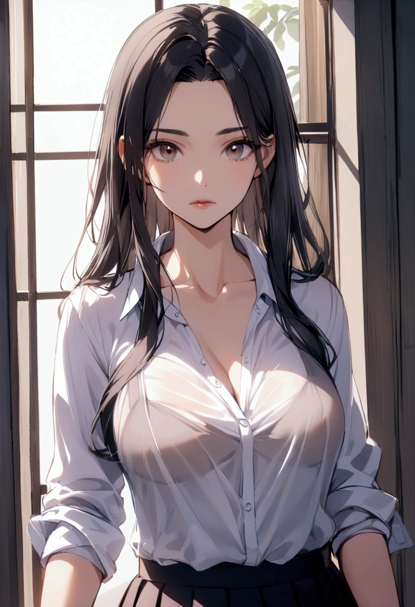 Masterpiece,Highest quality,8k,Ultra-high resolution,appropriate margins,lighting,Depicted from the waist up,BREAK,(1 person),Very beautiful college student,Slim body,(The richest big breasts),Deep cleavage,Moisturized Skin,BREAK,(Black Hair),Forehead,mascara,Red eyeliner,Light pink lip,Thin teak,Thin eyebrows,BREAK,Light blue eyes,BREAK,Bright expression,Open your mouth a little,BREAK,A little long hair,Unshaven,BREAK,(school uniform),(),BREAK,Eye contact