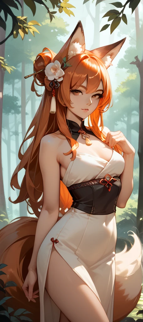 1girl, solo, high resolution, good quality, high details, long hair, waist-lenght hair, orange hair with white tips, dark brown eyes, feisty eyes, lithe, petite, fox ears, fox tail, forest