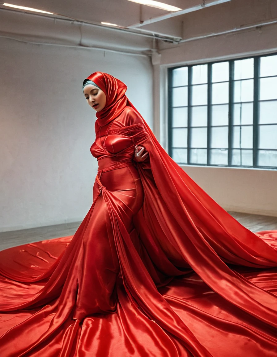 A woman shrouded in a 8-meter-long, plush red transparent satin cloth, slim body with big breast,tightly bound and grandly draping along the form of her body, flowing off into a pooled floor-length train, styled in a mermaid-inspired outfit, her head modestly veiled in a satin hijab, dancing in office, a full-body pose conveying a sense of elegance, captured in a 4k resolution, ultra-realistic