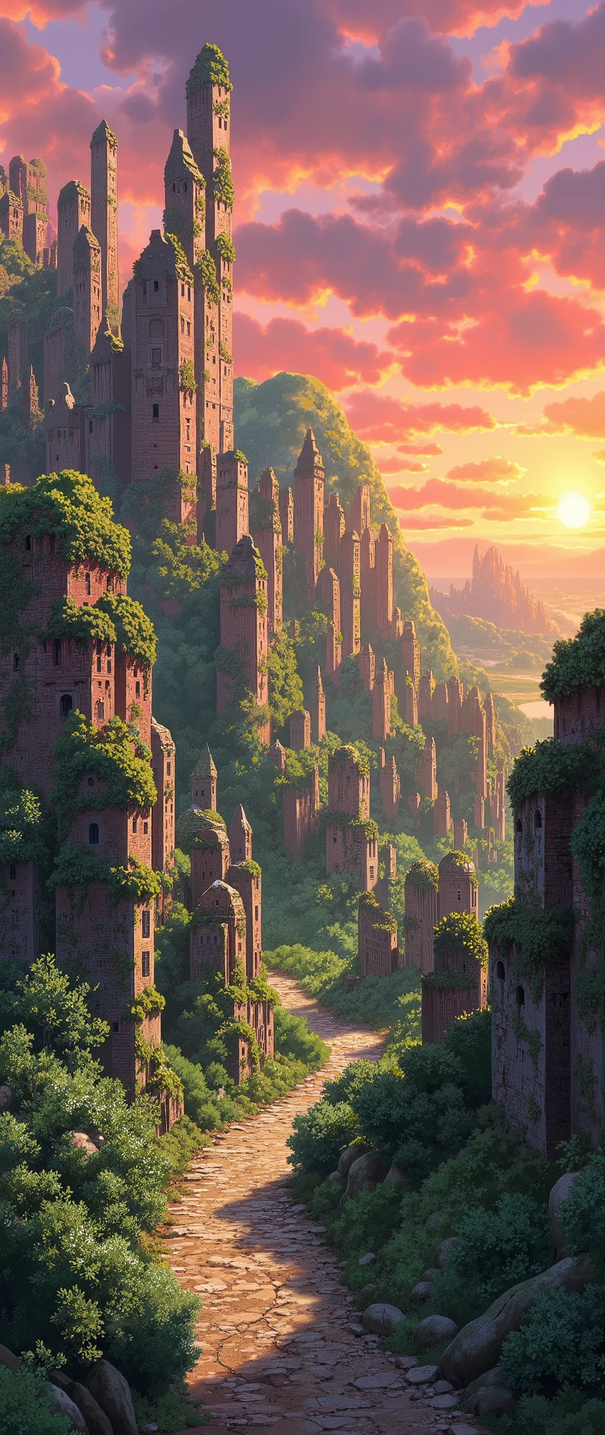 (masterpiece:1.2,Exceptional Quality,Mirror-like, Movie-like Experience , best illustration :2.0, super detailed.2.0),16k,wallpaper,(Ruins of an ancient city:2.0),( Remains of Civilization in an Ancient, Advanced Ancient City that Collapsed:2.0),(Crammed with Unknown Ancient Statues :2.0),(moss:2.0),(An island that floats in the sky:2.0),( Studio Ghibli:2.0),( Anime Artwork ),( dynamic:2.0),(Spectacular landscapes:2.0),(Sunset)