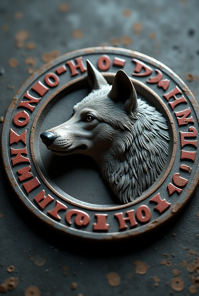 Round medallion , bu madalyonun dış çemberine; only the letters are in red , Add the letters 𐱅-𐰇-𐰼-𐰰 in order. {x} Get one more small circle inside the coin, there will be a wolf head inside with black eyes and red turned to the side. Color of circles in gray , The background of the coin metallic gray .