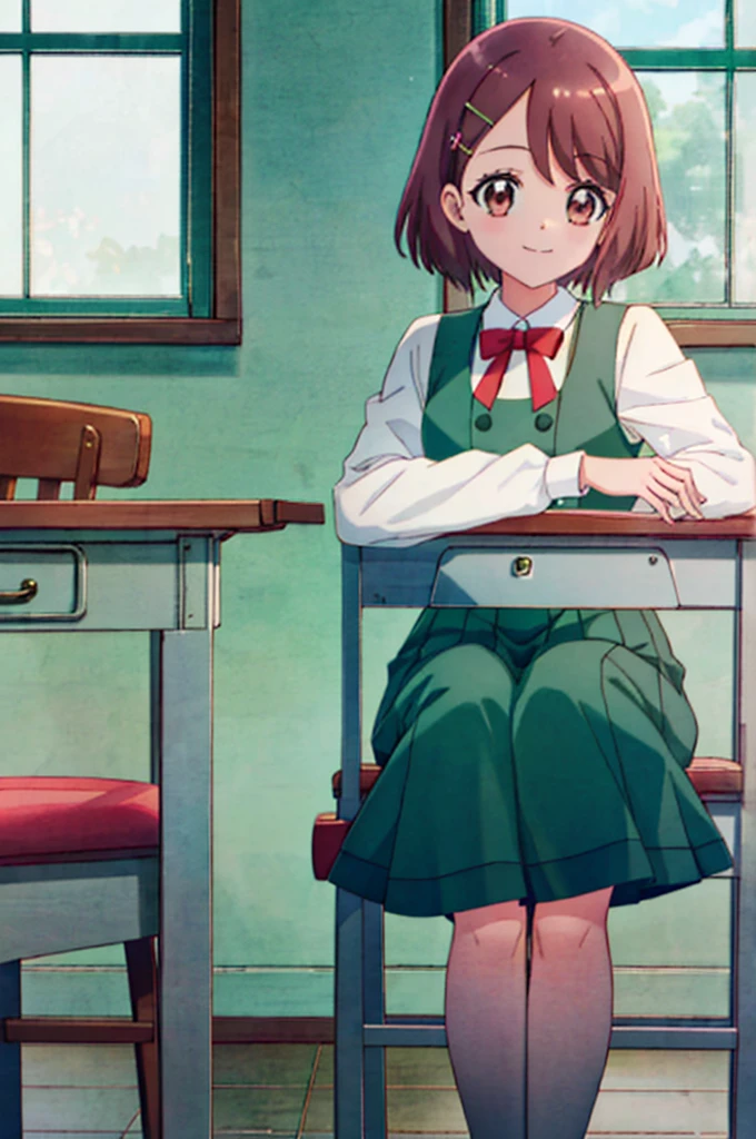  1 girl, Alone, smile, classroom、 sitting on a chair,  ((green uniform 、 red ribbon 、 Mini Skirt:1.5)),  cowboy shot from Niigata, Hanadera Nodoka、