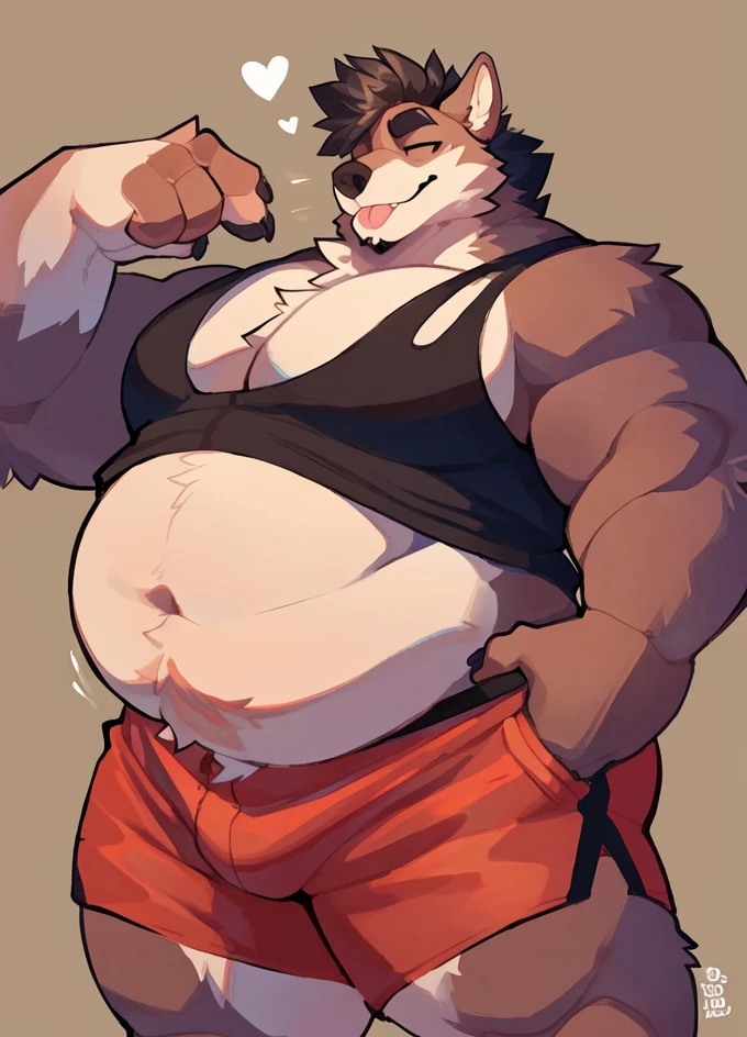 solo, male, 1 boy, fat, obese, rolls, thick thighs, massive thighs, big belly, rounded belly, massive belly, love handles, big pecs, rounded pecs, bulging pecs, massive pecs, big biceps, very extremely thick, plump, chubby, anthro, furry, hog, short hair, eyes shut, blep, smug expression, tank top(white or black), sportive shorts(brown), by bigcozyorca, by Takemoto Arash, shading, good proportions, best quality, good quality, no background, standing