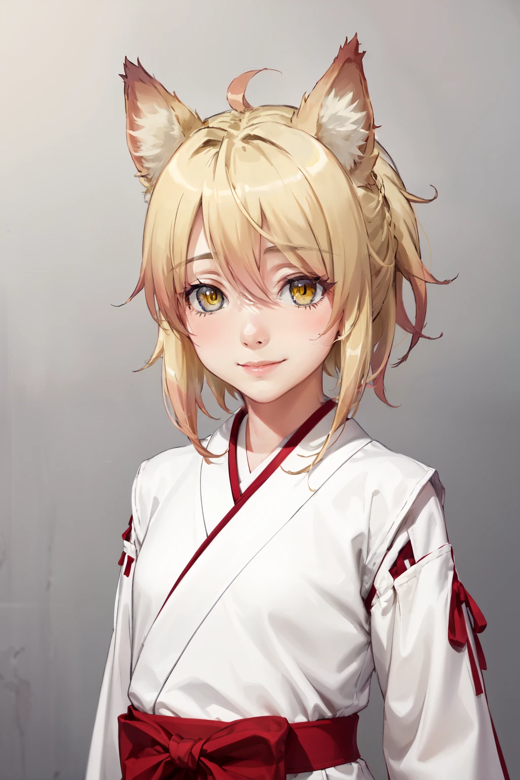  masterpiece ,  Best Quality , 1 girl, feel, blonde hair,  short hair, collect,  yellow eyes,  Fox ears ,  Japanese clothing , red as well, Monkey,  looking at the spectator ,  upper body, smile, Alone, ( simple background , solid gray background ) sarifi , smile, string, neck, ( masterpiece ,  better quality , Detailed:1.3)