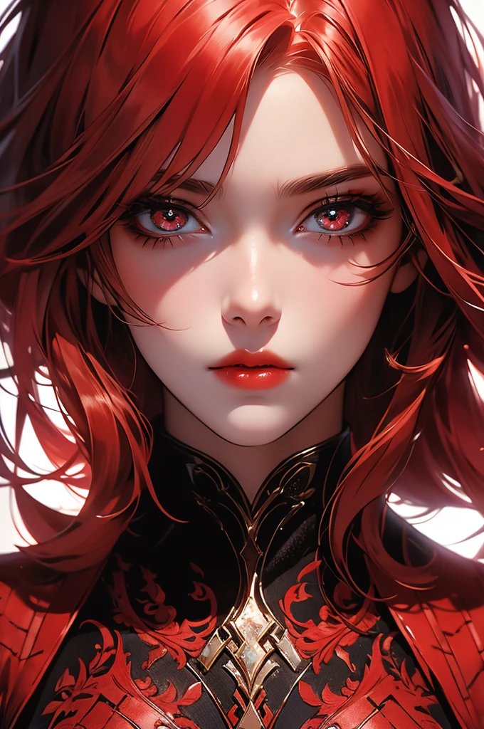 [art, ultra graphic, detailed image, 4k, 32k] image focused on the character's face, character staring at the viewer, a maiden, red hair and deeply red eyes, full lips and incredibly beautiful face, serious expression on the face, eyes detailed