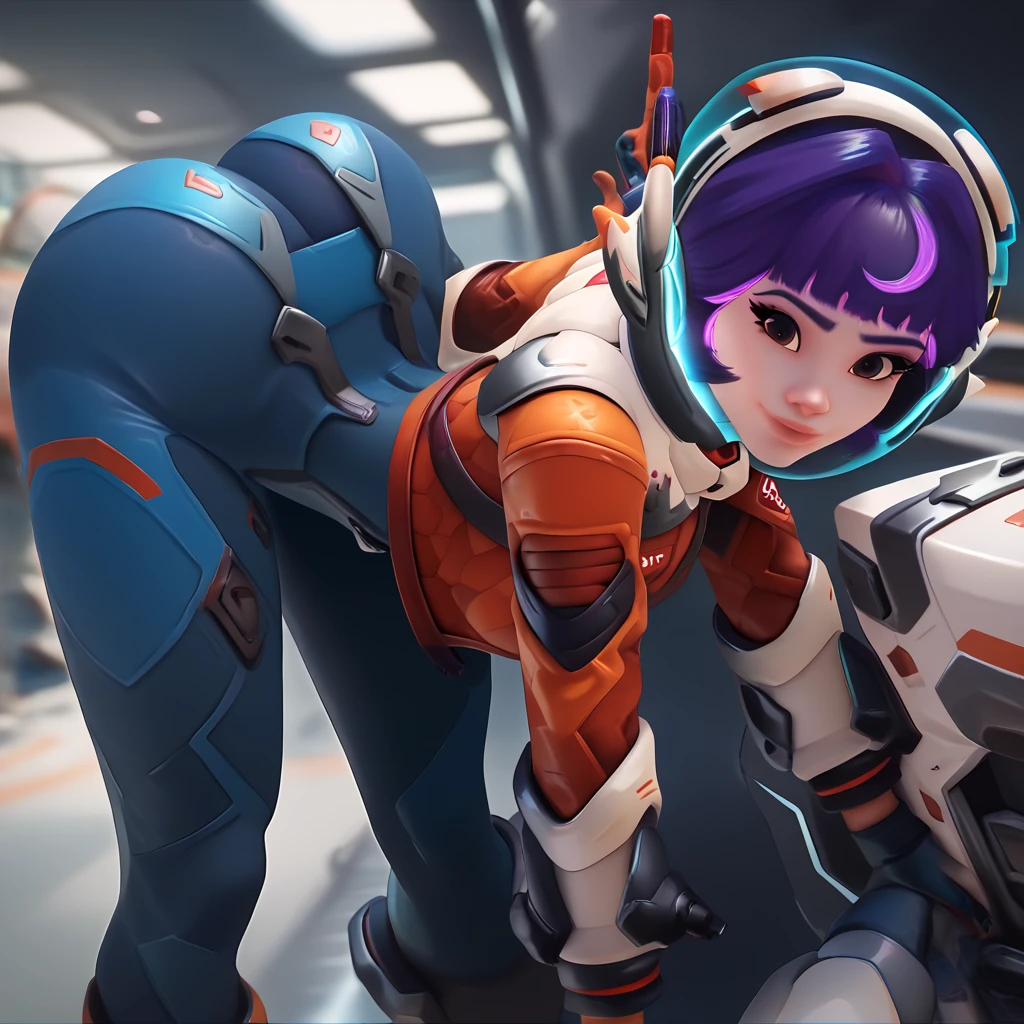 1girl, short hair, brown eyes, curvy waist, skinny, butt, small boobs, big butt, exposed , smiling, ass, jn0, space suit, purple hair, stretching, bending over pov 