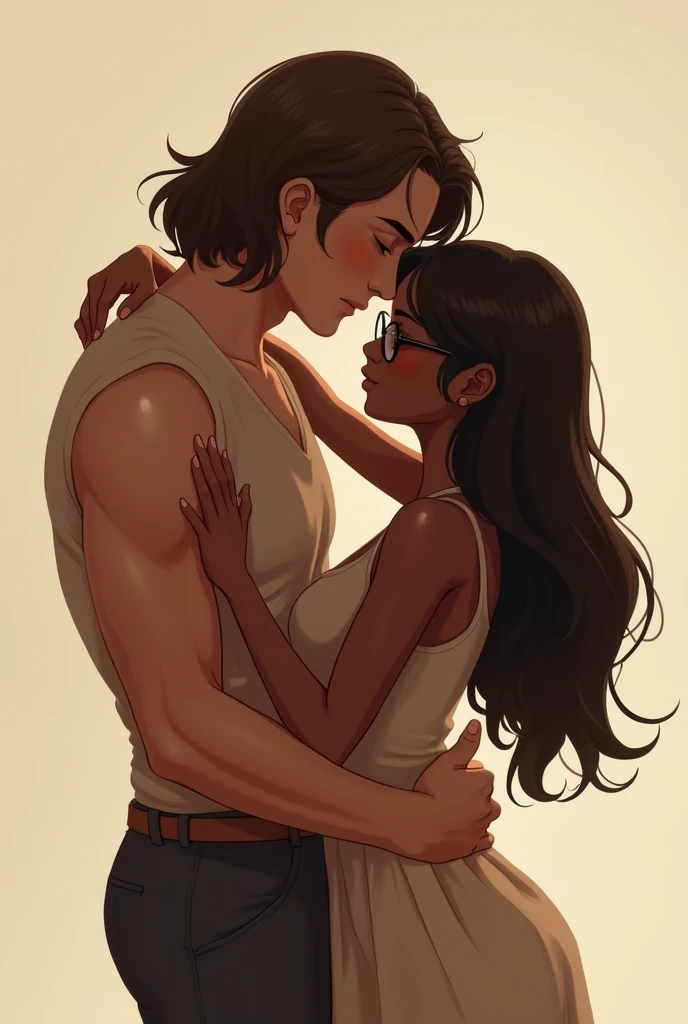 She has long curly hair, bright olive skin and striking, light yellow eyes., curvy body and full lips.
He has short brown hair, a chiseled jaw, a beautiful tattooed body, and striking green eyes. He is so handsome that he looks like the actor who played Clark Kent but younger..
They are facing each other completely naked, she has her arms crossed and he has a mocking smile.. animated cartoon.