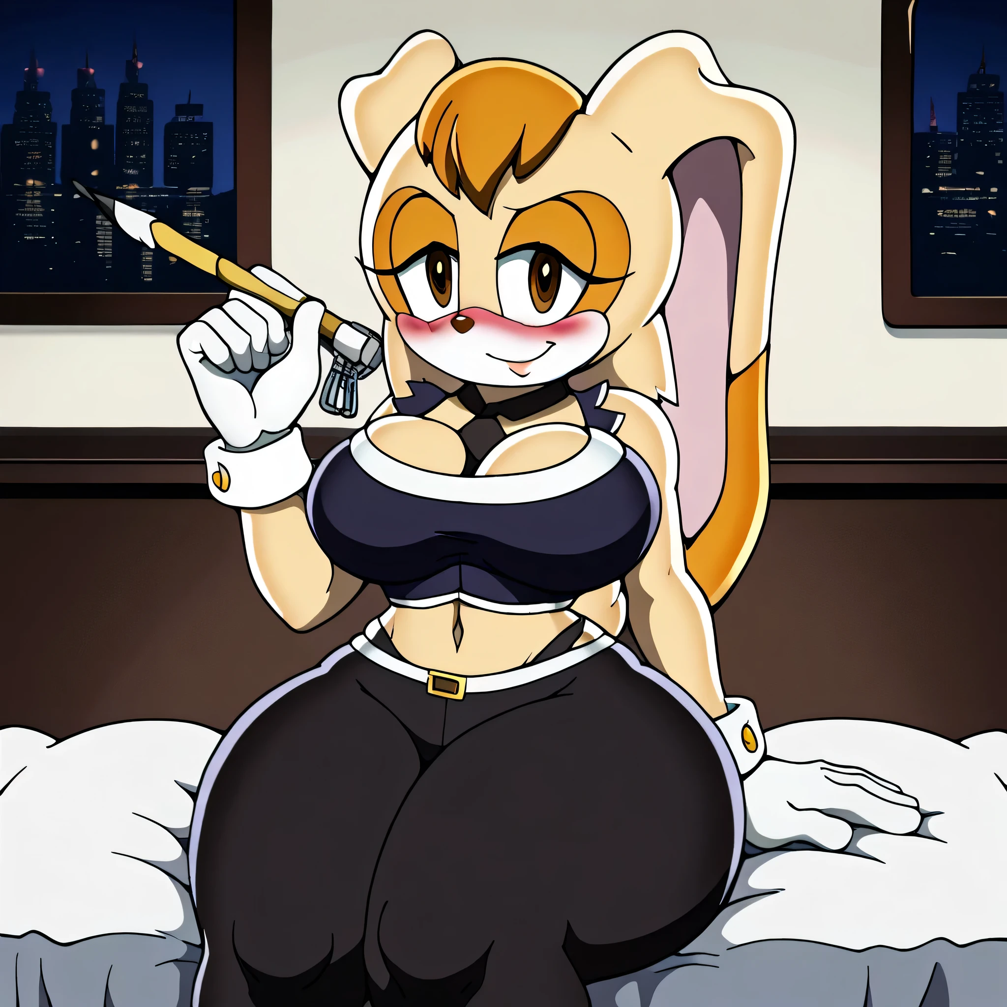  Vanilla the Rabbit school suit, flirty look ), ), Brown eyes, Big breasts , black neck strap, comfortable clothes, big thighs,Closed Mouth Smiling ,(on the wall ,a painting with the Chilean flag)black tights with garter belts  , Sitting on the bed, black maid   (  white gloves )  In a room at night,blush