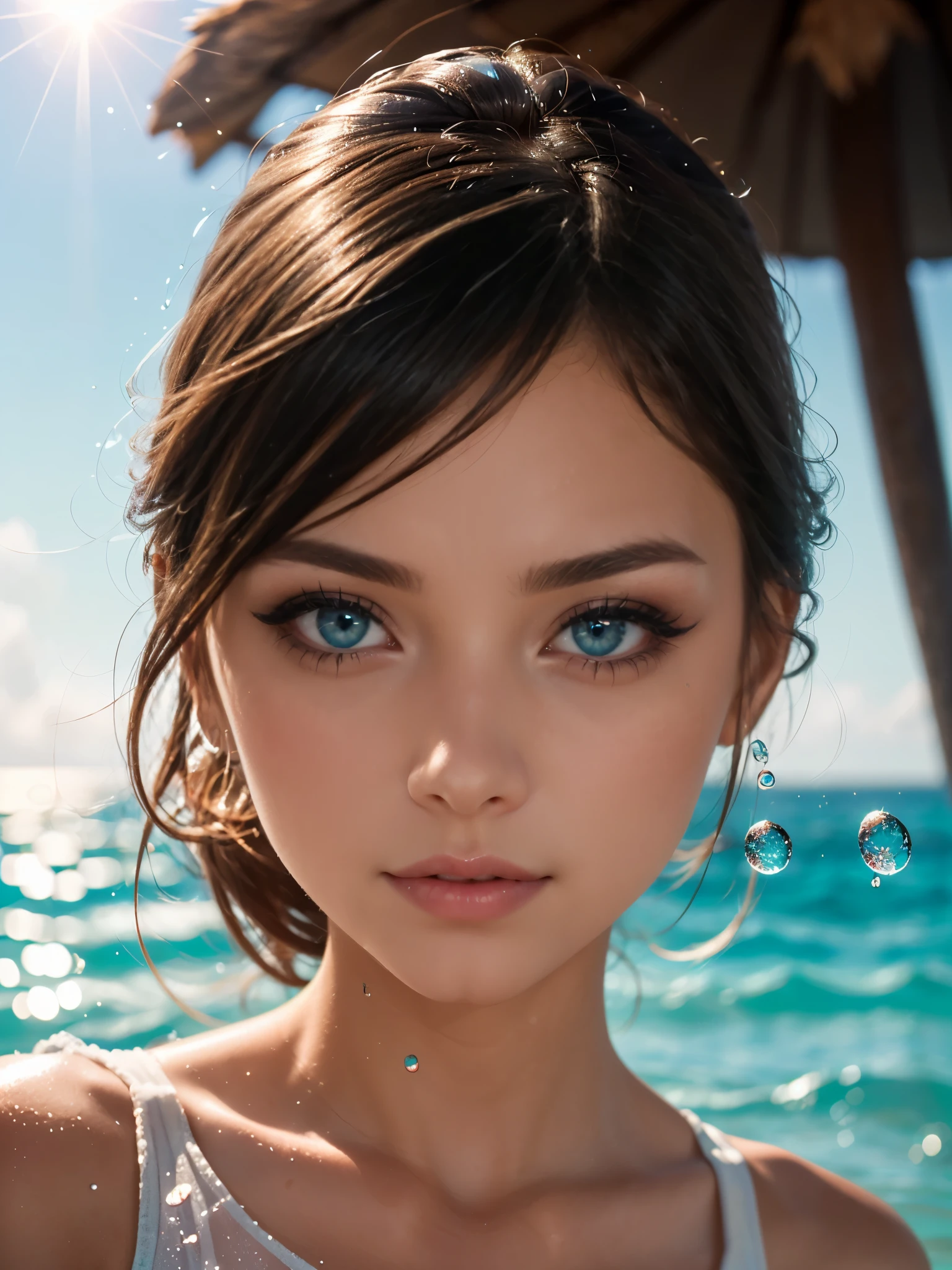 Arafed woman with blue eyes and a white top on a beach - SeaArt AI