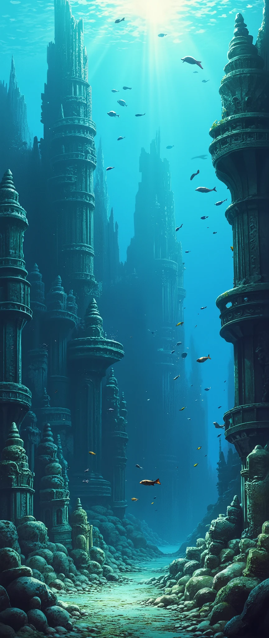 (masterpiece:1.2,Exceptional Quality,Mirror-like, Movie-like Experience , best illustration :2.0, super detailed.2.0),16k,wallpaper,(Ruins of an ancient city that sank to the bottom of the sea:2.0),( Remains of Civilization in an Ancient, Advanced Ancient City that Collapsed:2.0),(Crammed with Unknown Ancient Statues :2.0),(fish:2.0),( Studio Ghibli:2.0),( Anime Artwork ),( dynamic:2.0),(Spectacular landscapes:2.0),(The sunlight streaming in)