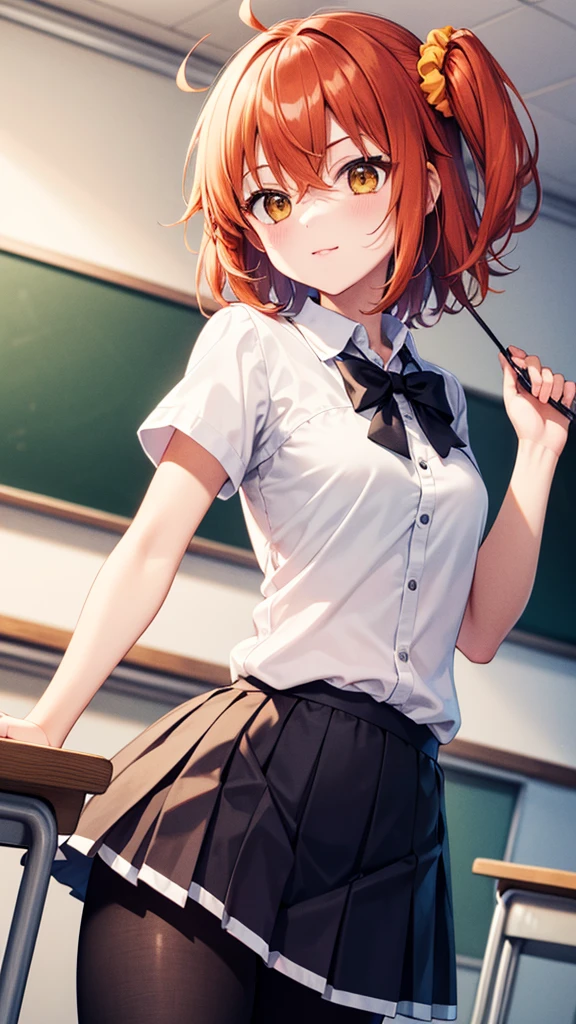 masterpiece, best quality, highres, aaritsuka, short hair, ahoge, hair scrunchie, orange scrunchie, white school shirt, pleated miniskirt, classroom, pantyhose