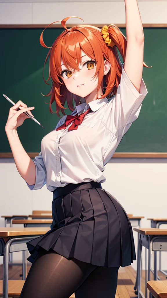 masterpiece, best quality, highres, aaritsuka, short hair, ahoge, hair scrunchie, orange scrunchie, white school shirt, pleated miniskirt, classroom, pantyhose