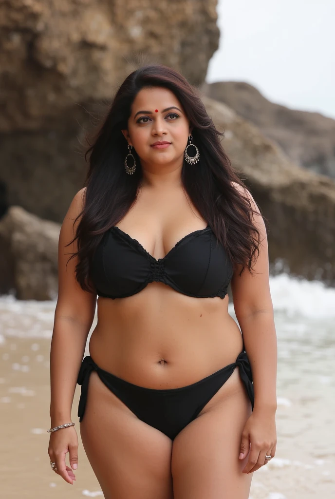 1  Indian  XL plus size adult female, long hair, curly hair, black hair color, smooth skin, brown eyes, To smile, vegetation, hour々, business woman style clothes, random , realist, With sea beach background, 8k super realist, super detalhado e realist、front sexy look,   red colour underwear  on  sea leke in Indian , loose brest  
