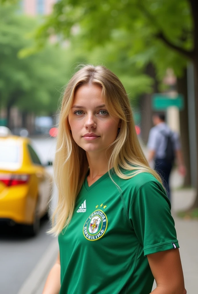 white blonde girl with green eyes in Brazilian football t-shirt national football team with blue cap (yellow shirt of the Brazilian national football team)