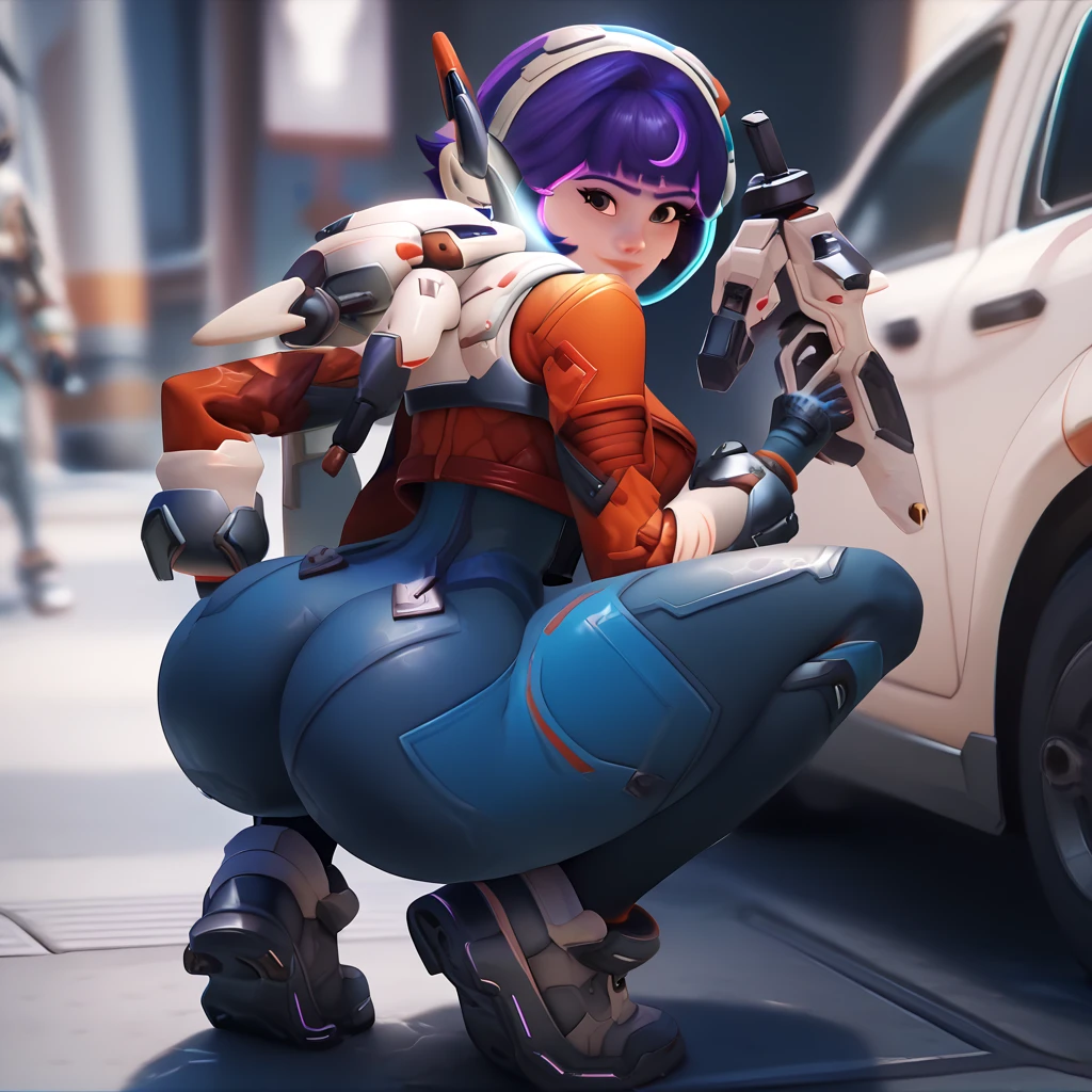 1girl, short hair, brown eyes, curvy waist, skinny, butt, small, big butt, exposed , smiling, ass, jn0, space suit, purple hair, squatting 